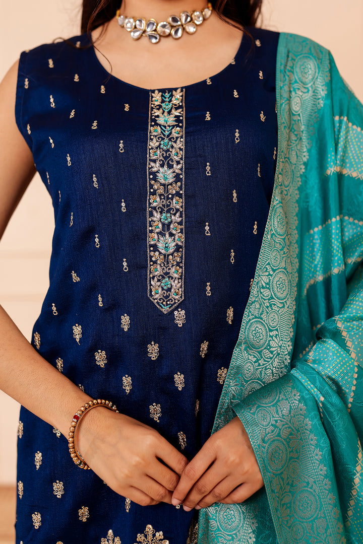 Midnight Blue Vichitra Silk Sharara Suit.