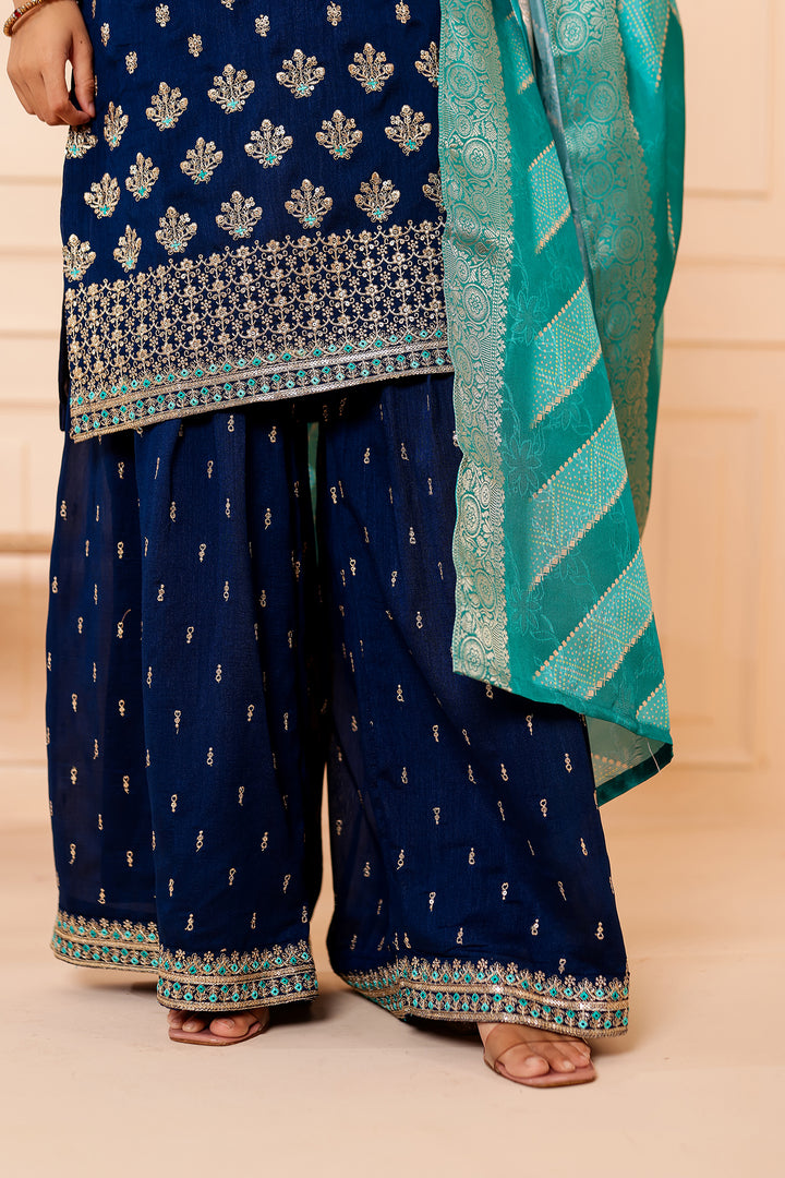 Midnight Blue Vichitra Silk Sharara Suit.