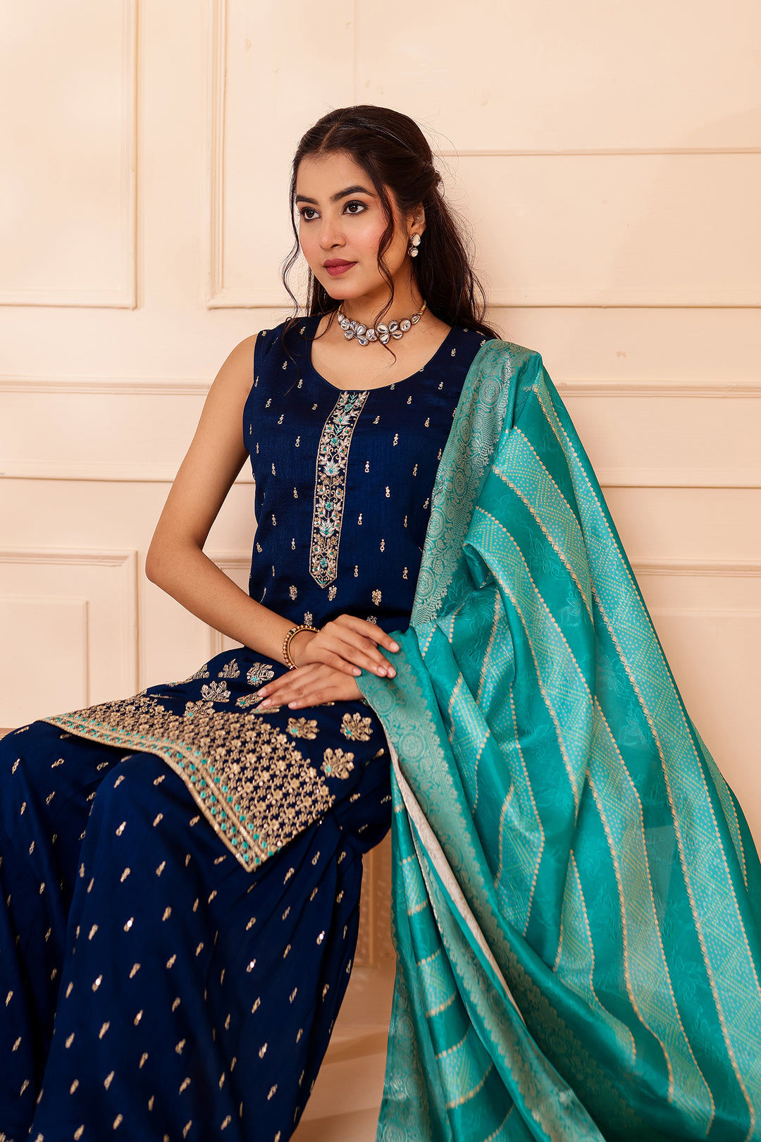 Midnight Blue Vichitra Silk Sharara Suit.
