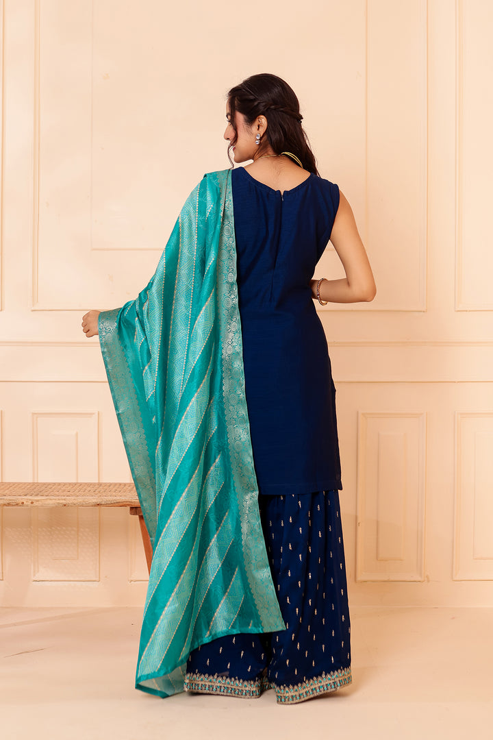 Midnight Blue Vichitra Silk Sharara Suit.