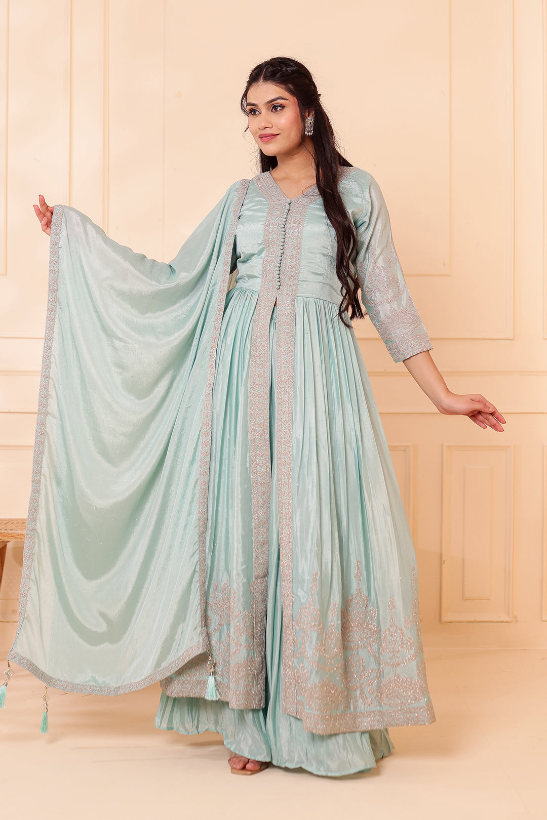 Sea Green Chinon Silk Long Anarkali with Skirt.