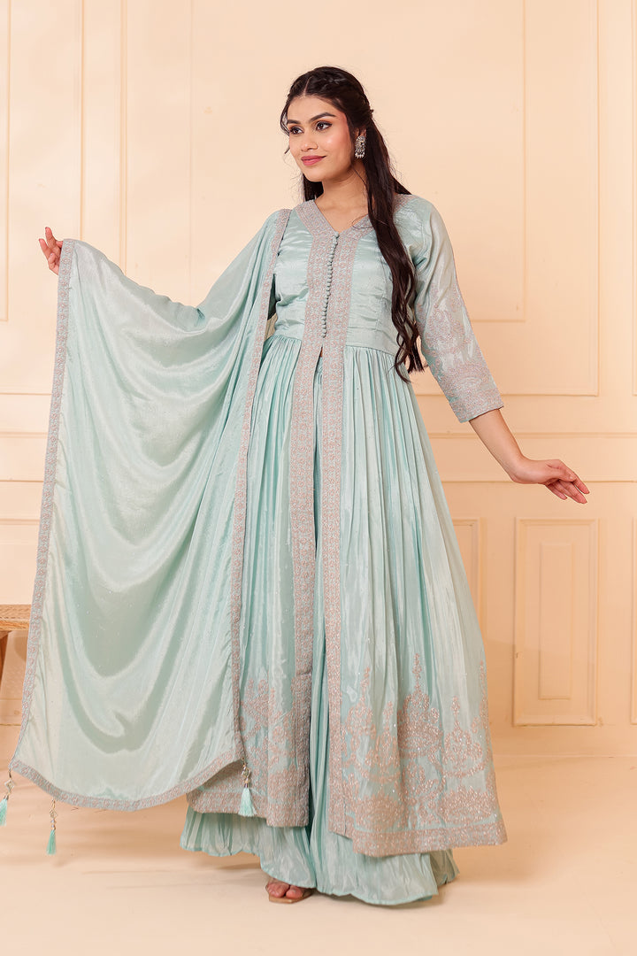 Sea Green Chinon Silk Long Anarkali with Skirt.