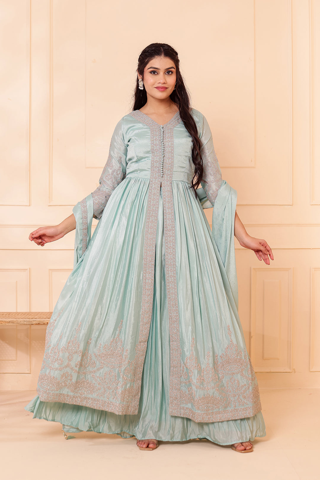 Sea Green Chinon Silk Long Anarkali with Skirt.