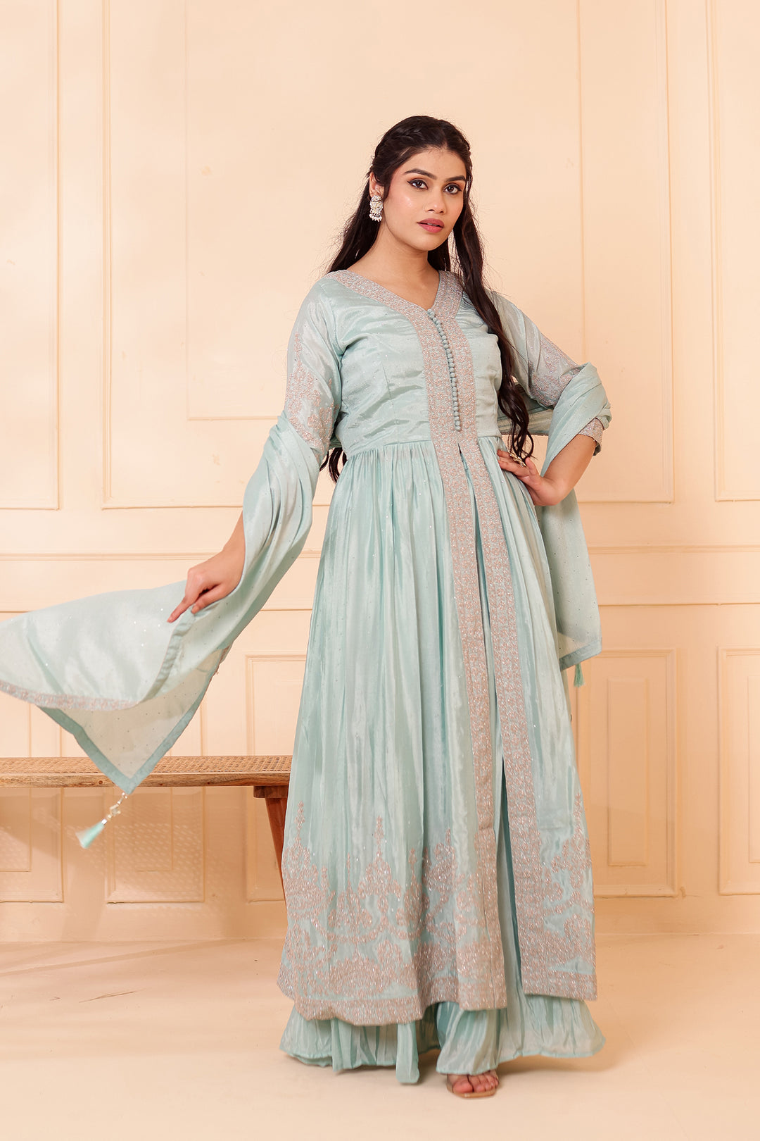 Sea Green Chinon Silk Long Anarkali with Skirt.