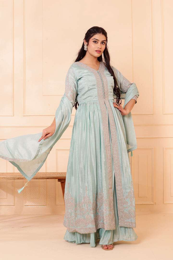 Sea Green Chinon Silk Long Anarkali with Skirt.