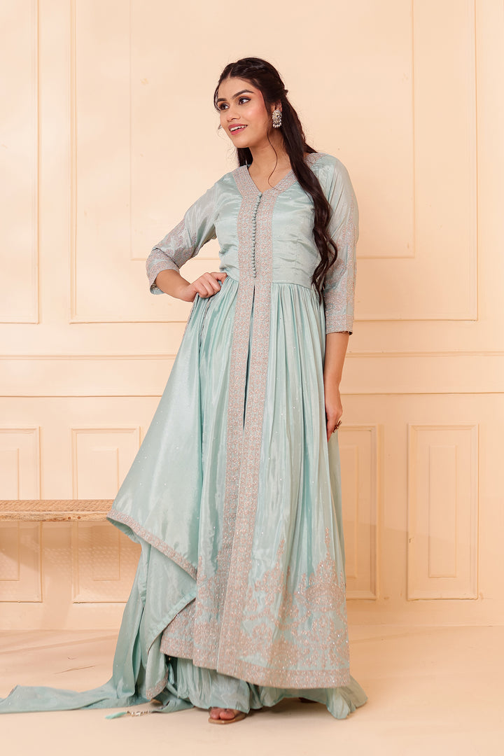 Sea Green Chinon Silk Long Anarkali with Skirt.