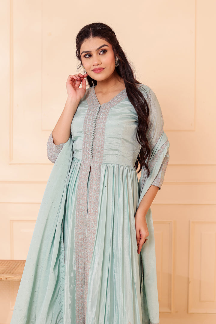 Sea Green Chinon Silk Long Anarkali with Skirt.