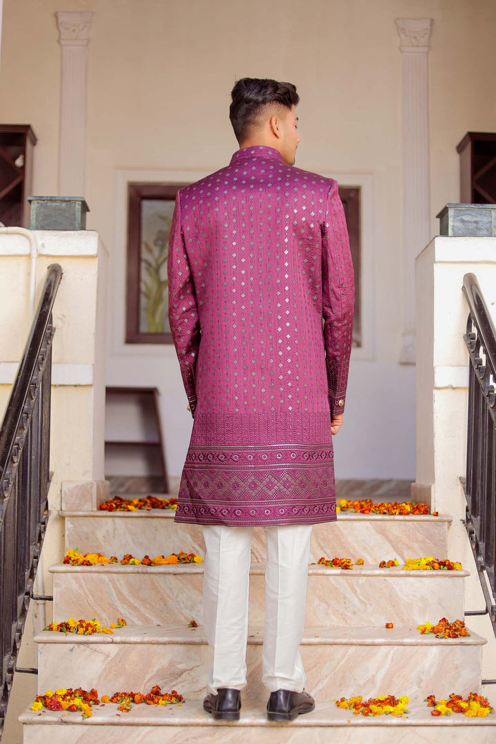 Wine Raw Silk Indo-Western Suit Embroidered With Gold Sequin And Resham Thread.
