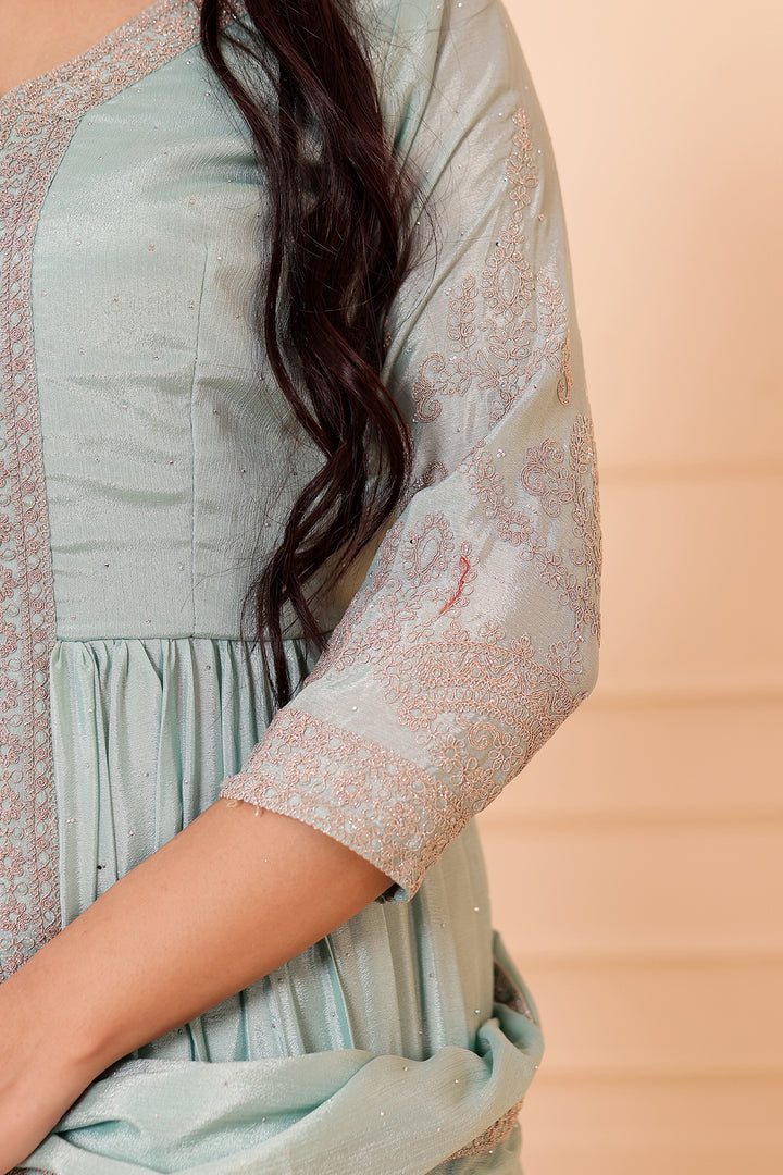 Sea Green Chinon Silk Long Anarkali with Skirt.