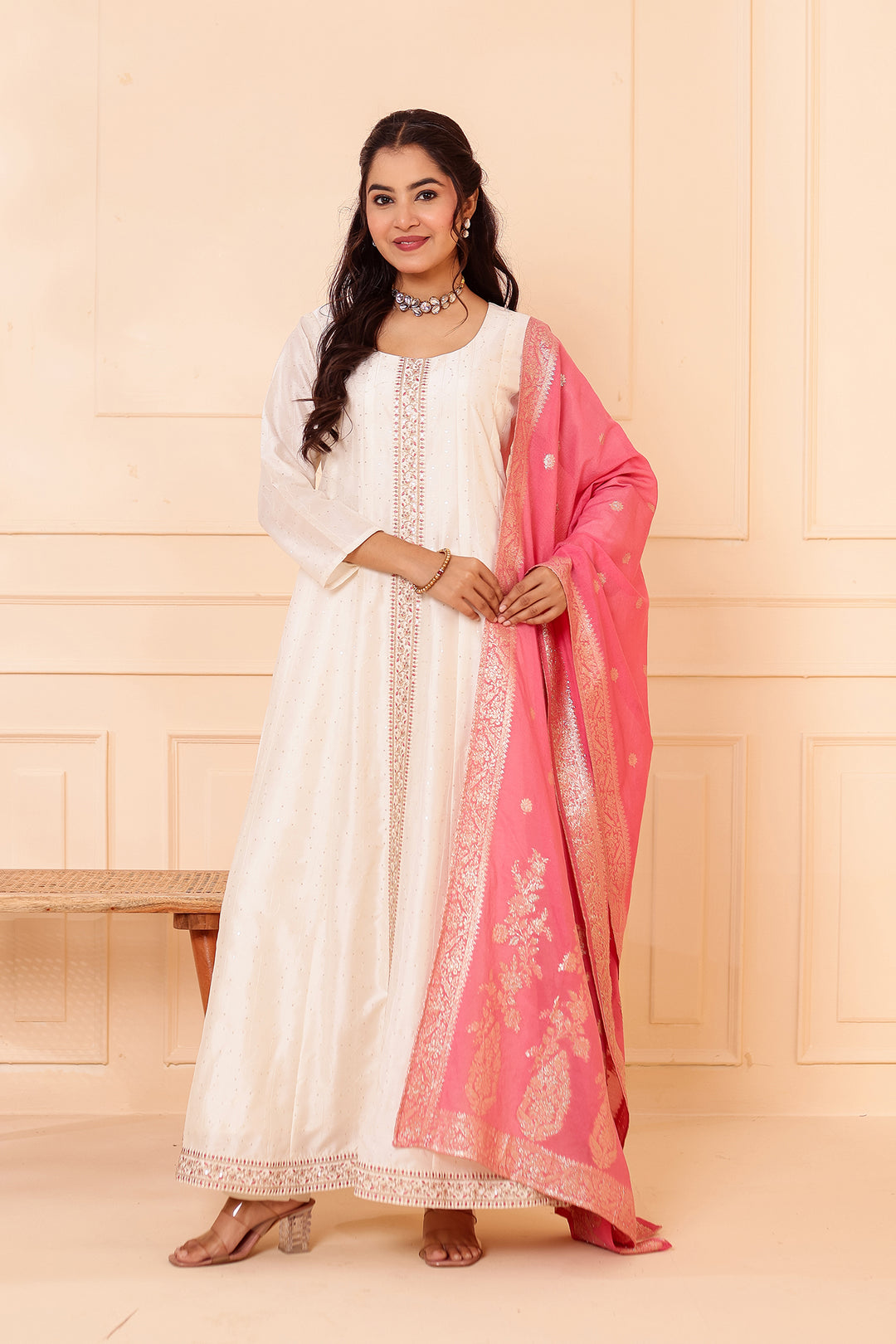 Ivory Vichitra Silk Anarkali Suit with Floral Dupatta.