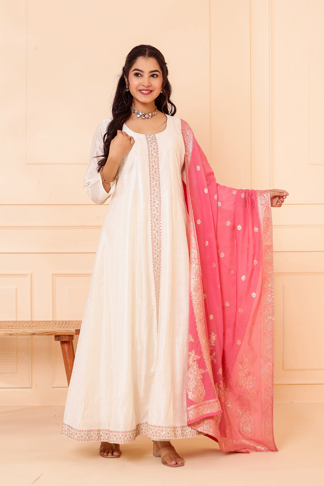 Ivory Vichitra Silk Anarkali Suit with Floral Dupatta.