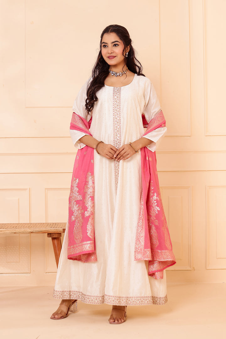 Ivory Vichitra Silk Anarkali Suit with Floral Dupatta.