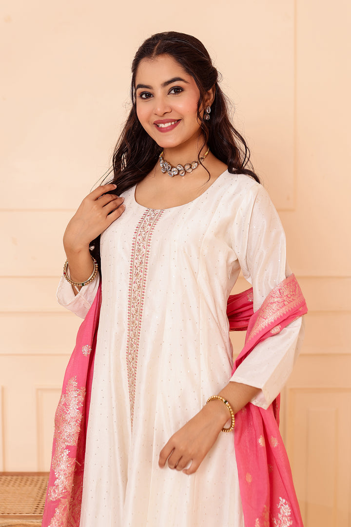 Ivory Vichitra Silk Anarkali Suit with Floral Dupatta.