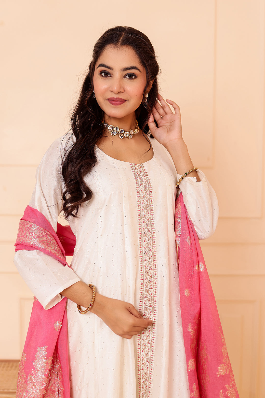 Ivory Vichitra Silk Anarkali Suit with Floral Dupatta.