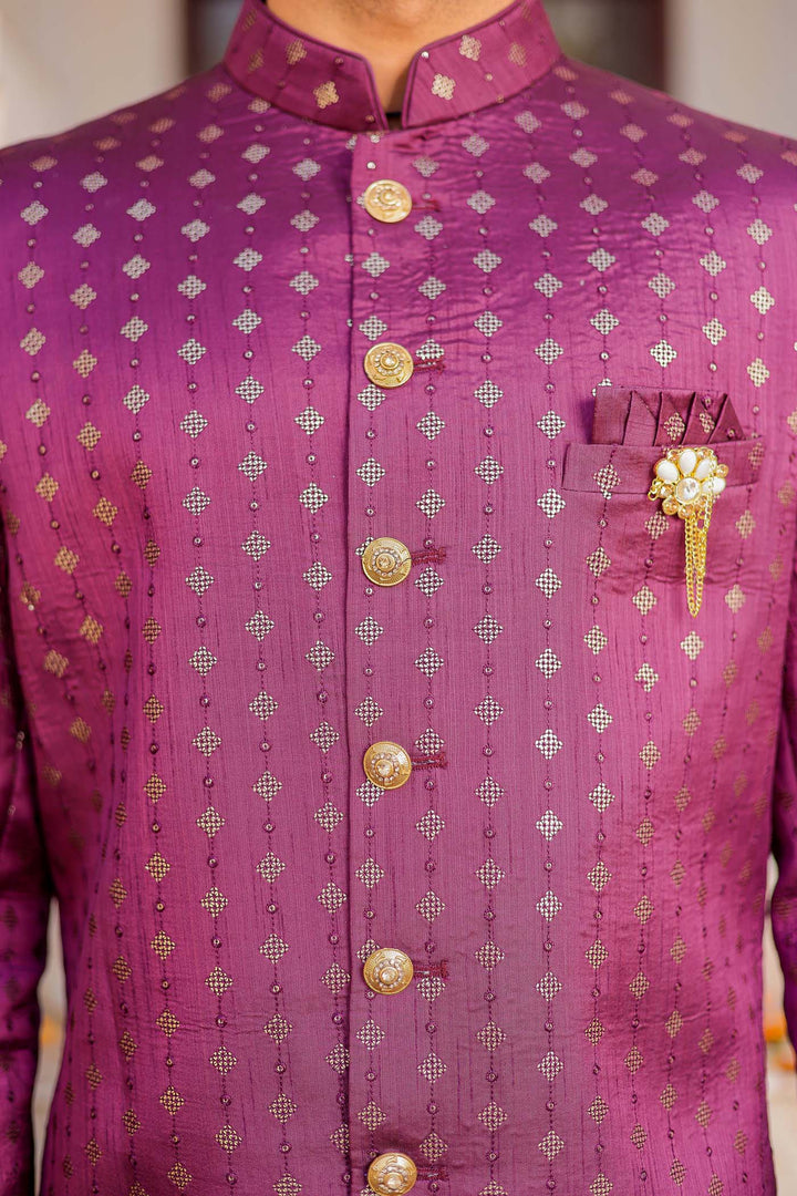 Wine Raw Silk Indo-Western Suit Embroidered With Gold Sequin And Resham Thread.