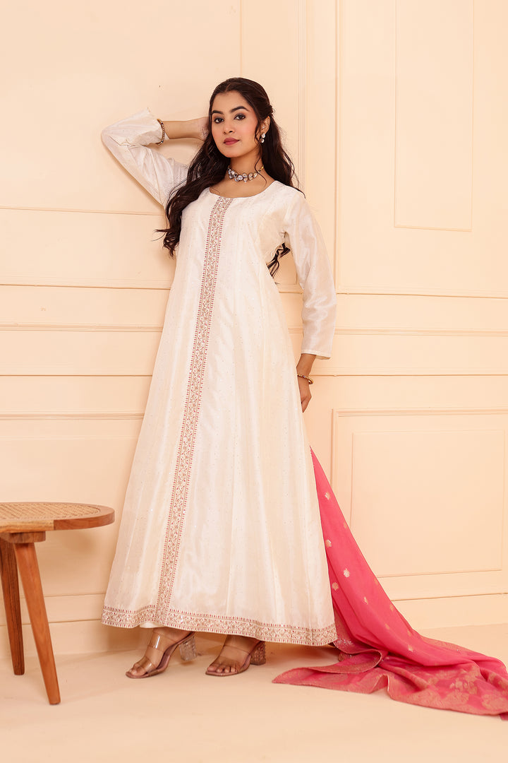 Ivory Vichitra Silk Anarkali Suit with Floral Dupatta.