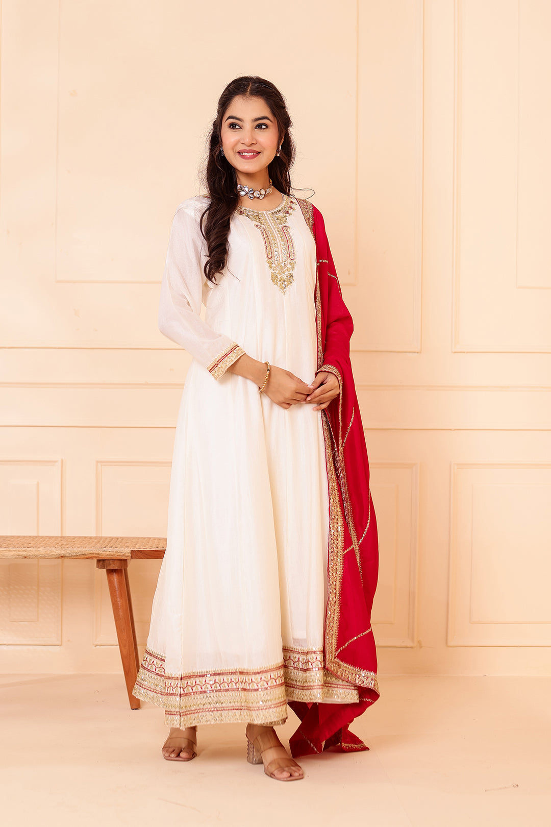 Ivory Vichitra Silk Anarkali Suit.
