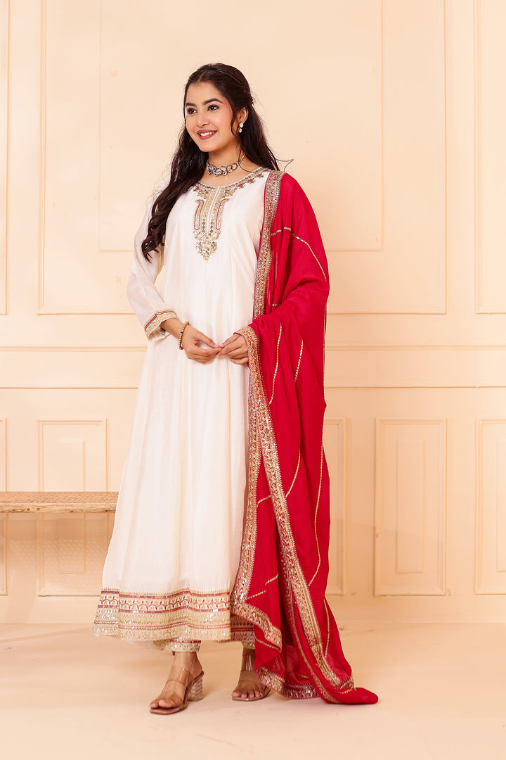 Ivory Vichitra Silk Anarkali Suit.