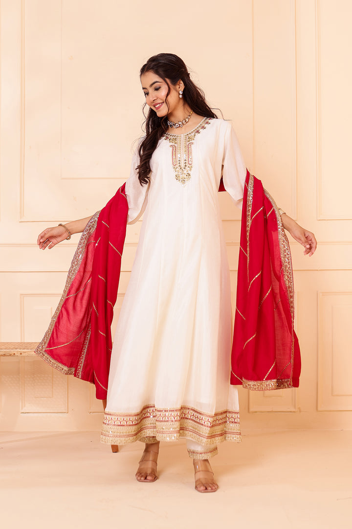 Ivory Vichitra Silk Anarkali Suit.