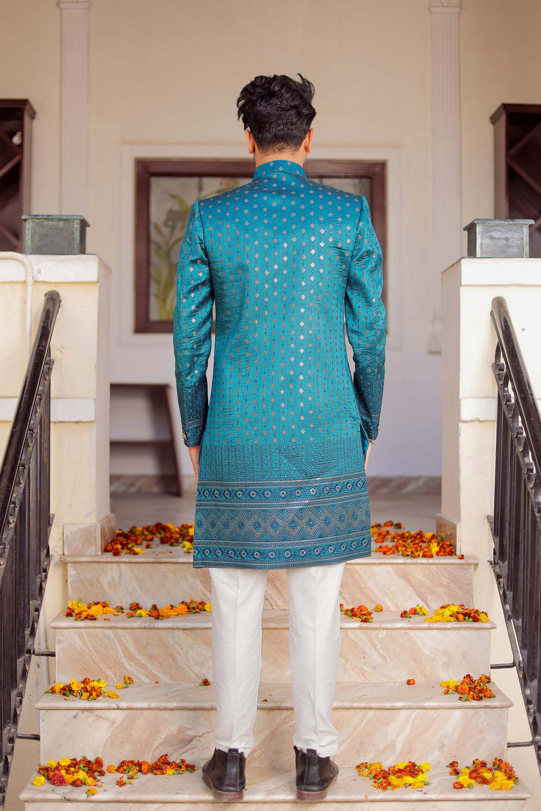 Teal Raw Silk Indo-Western Suit Embroidered With Gold Sequin And Resham Thread.