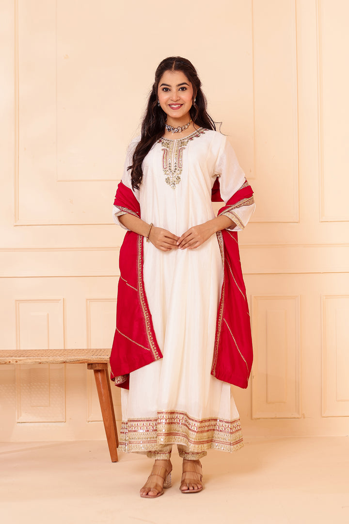 Ivory Vichitra Silk Anarkali Suit.