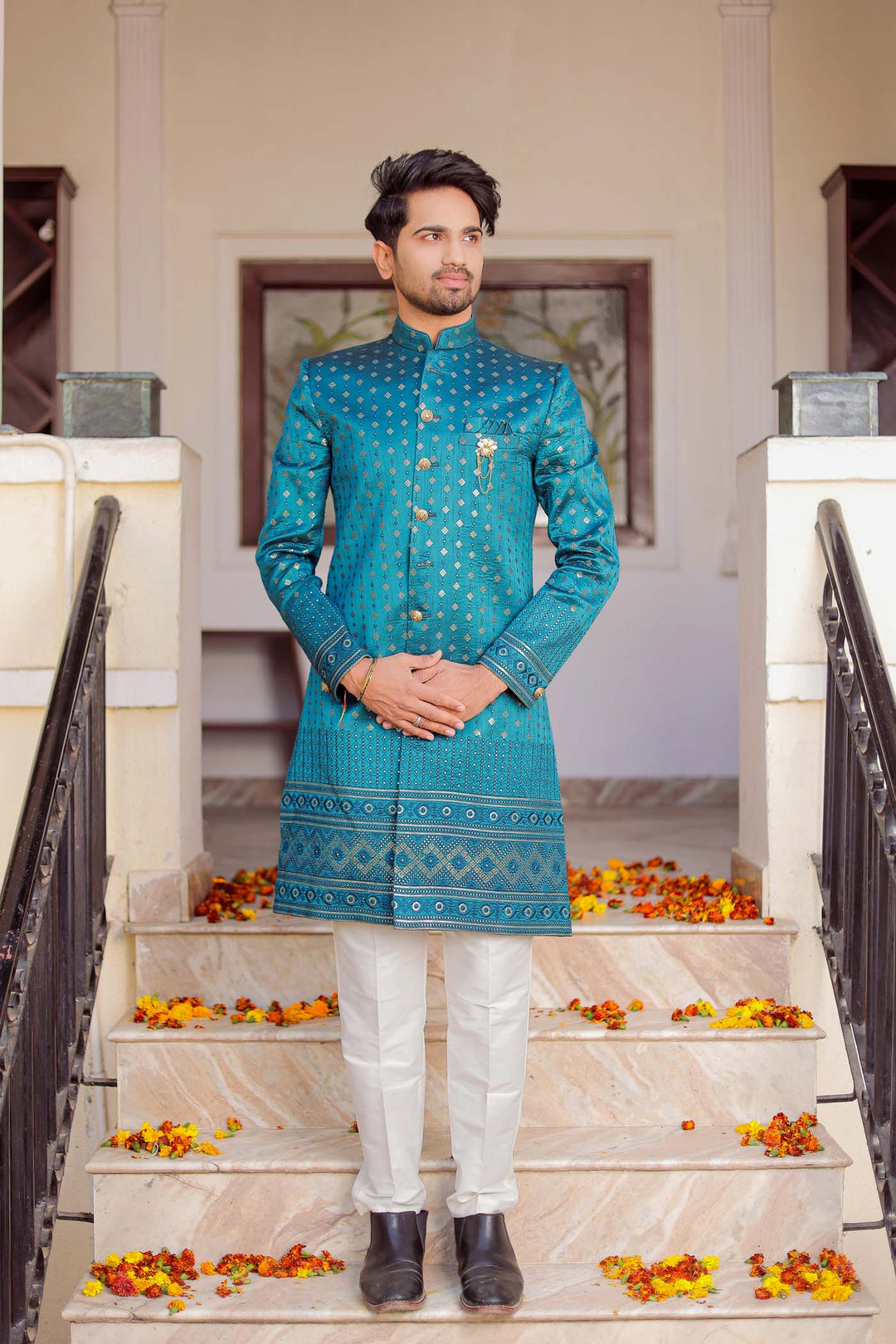 Teal Raw Silk Indo-Western Suit Embroidered With Gold Sequin And Resham Thread.