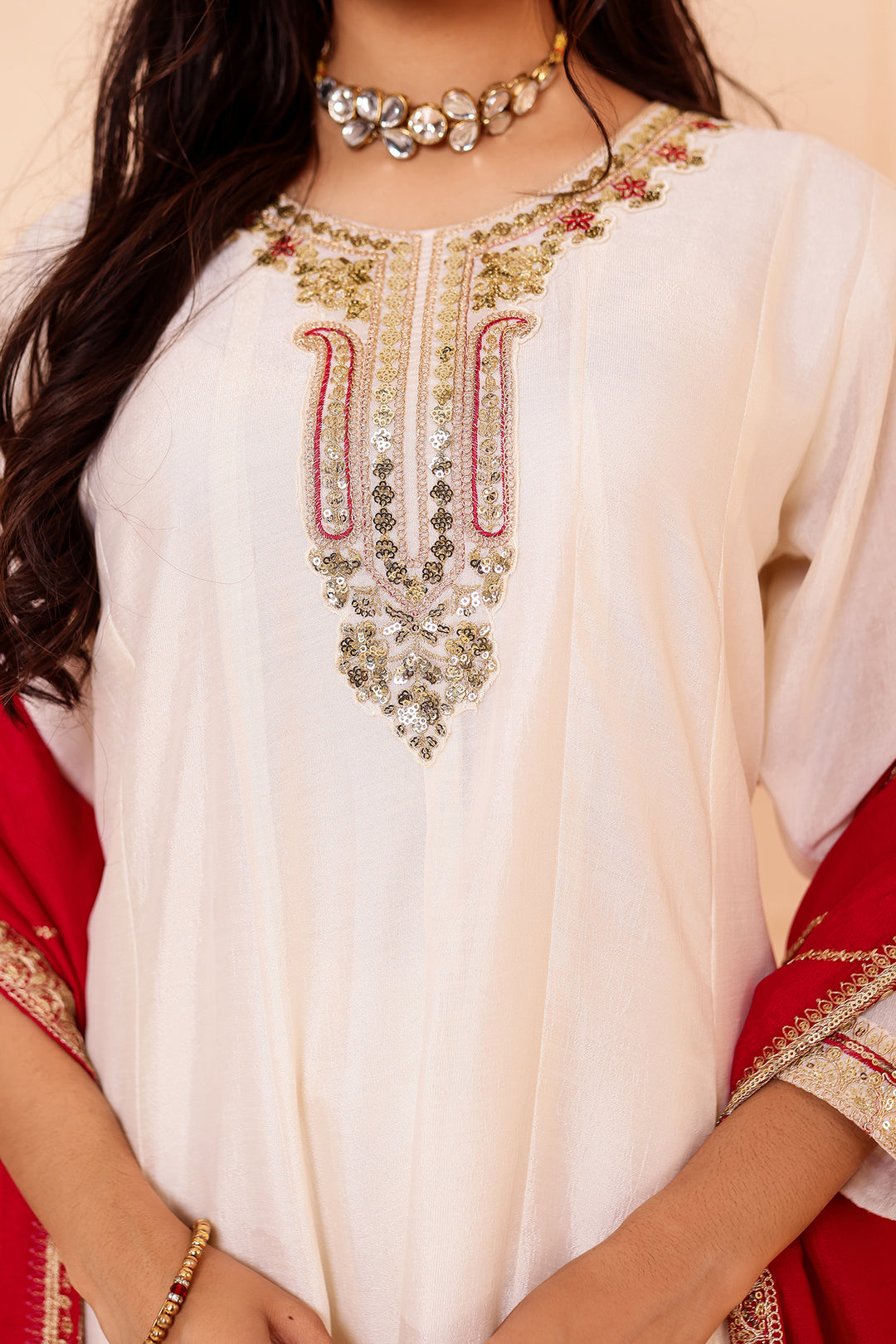 Ivory Vichitra Silk Anarkali Suit.