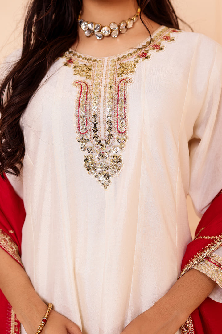 Ivory Vichitra Silk Anarkali Suit.