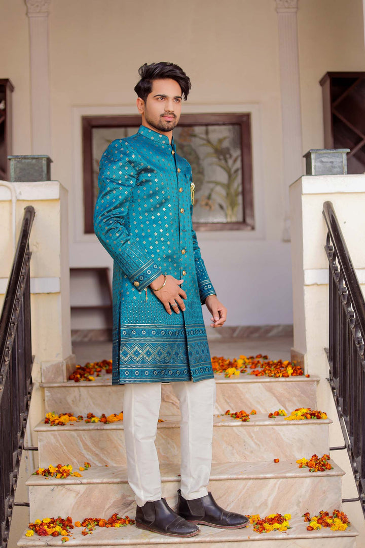 Teal Raw Silk Indo-Western Suit Embroidered With Gold Sequin And Resham Thread.
