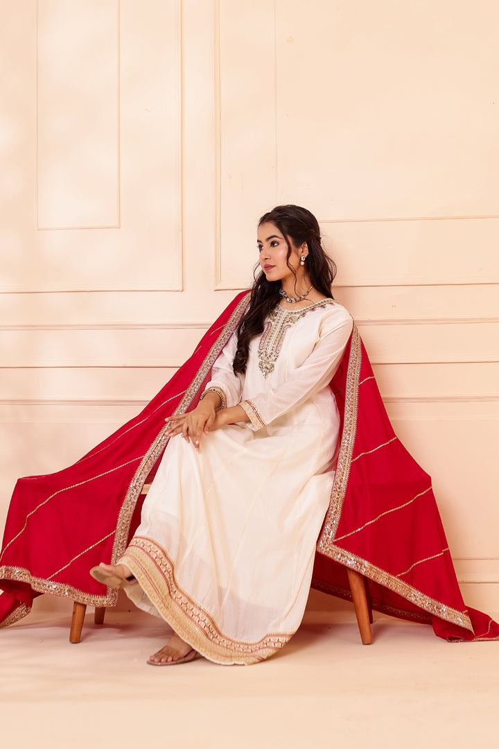 Ivory Vichitra Silk Anarkali Suit.