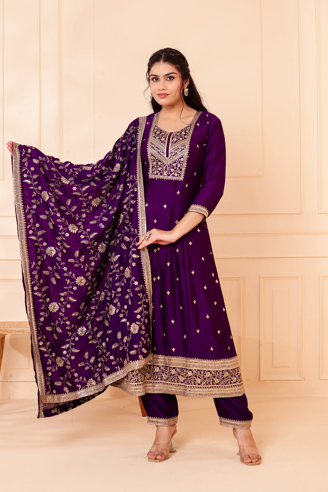 Purple Vichitra Silk Anarkali Suit.
