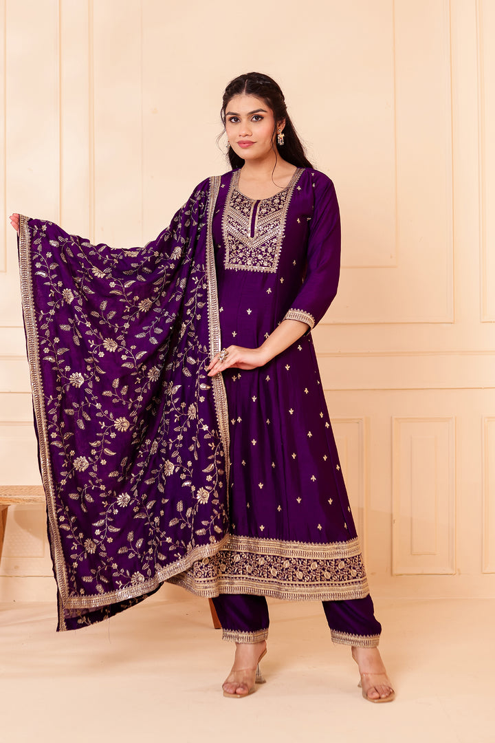 Purple Vichitra Silk Anarkali Suit.