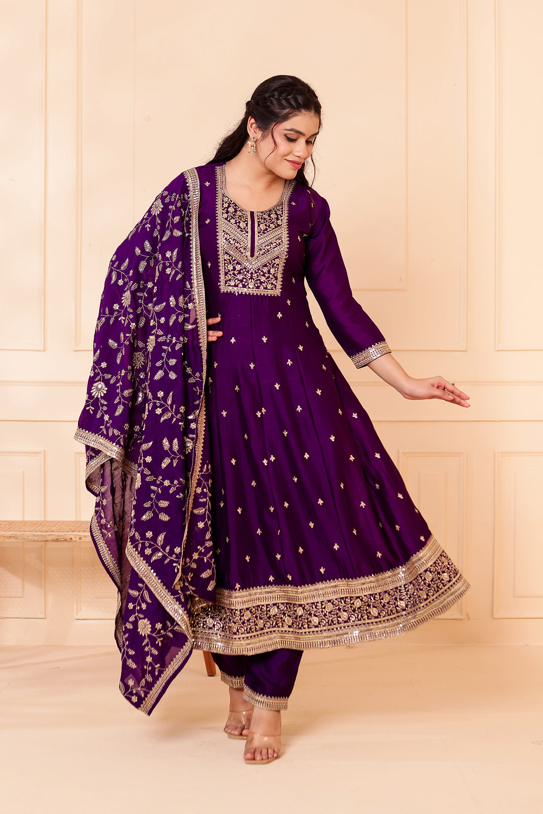 Purple Vichitra Silk Anarkali Suit.