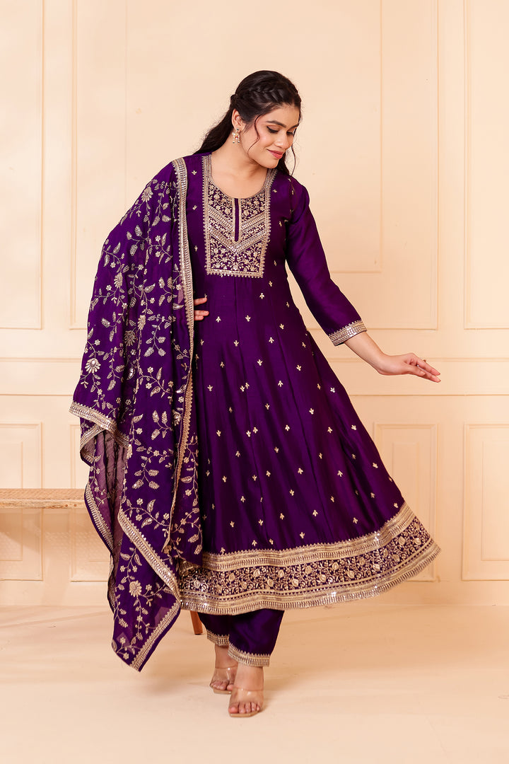 Purple Vichitra Silk Anarkali Suit.