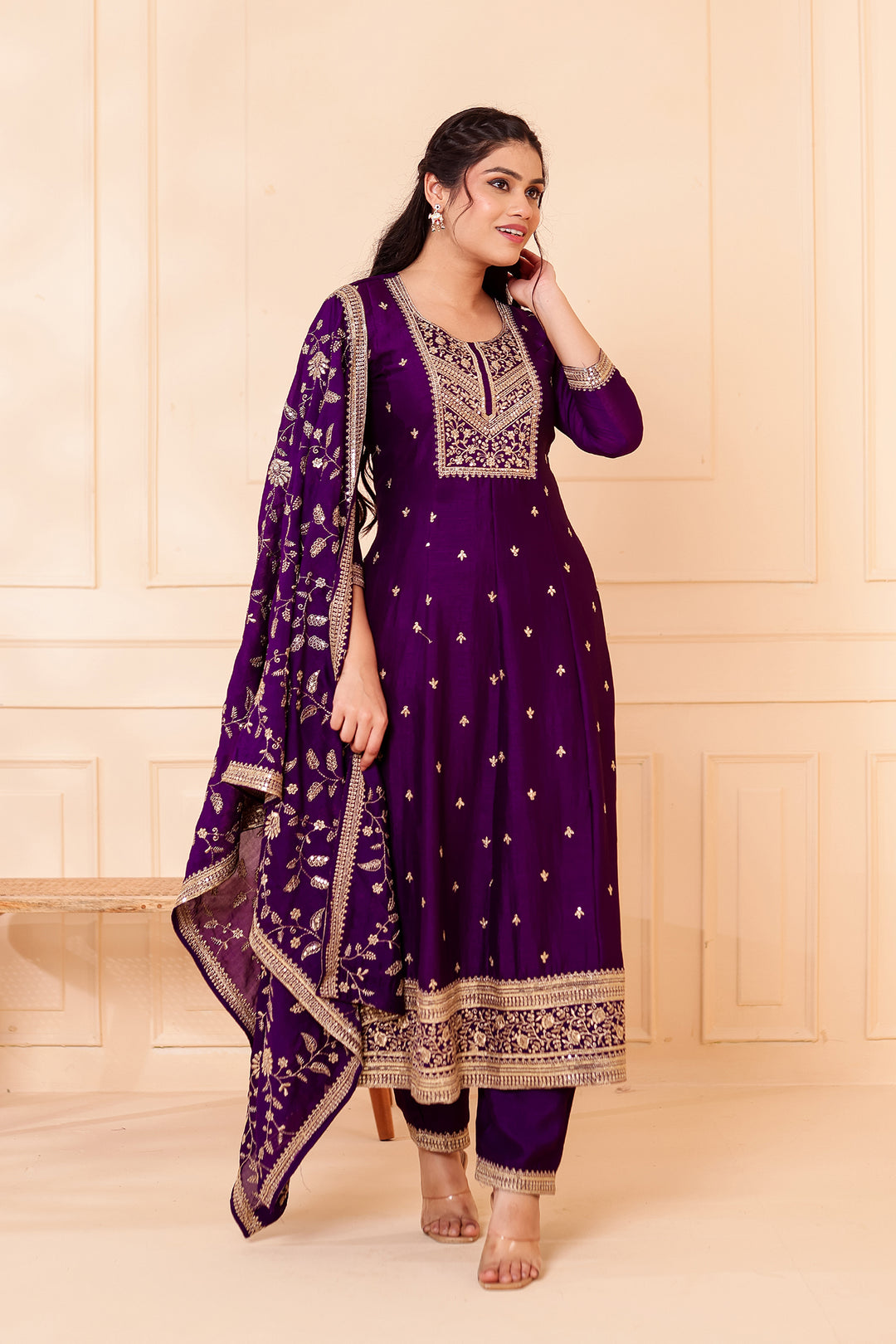 Purple Vichitra Silk Anarkali Suit.