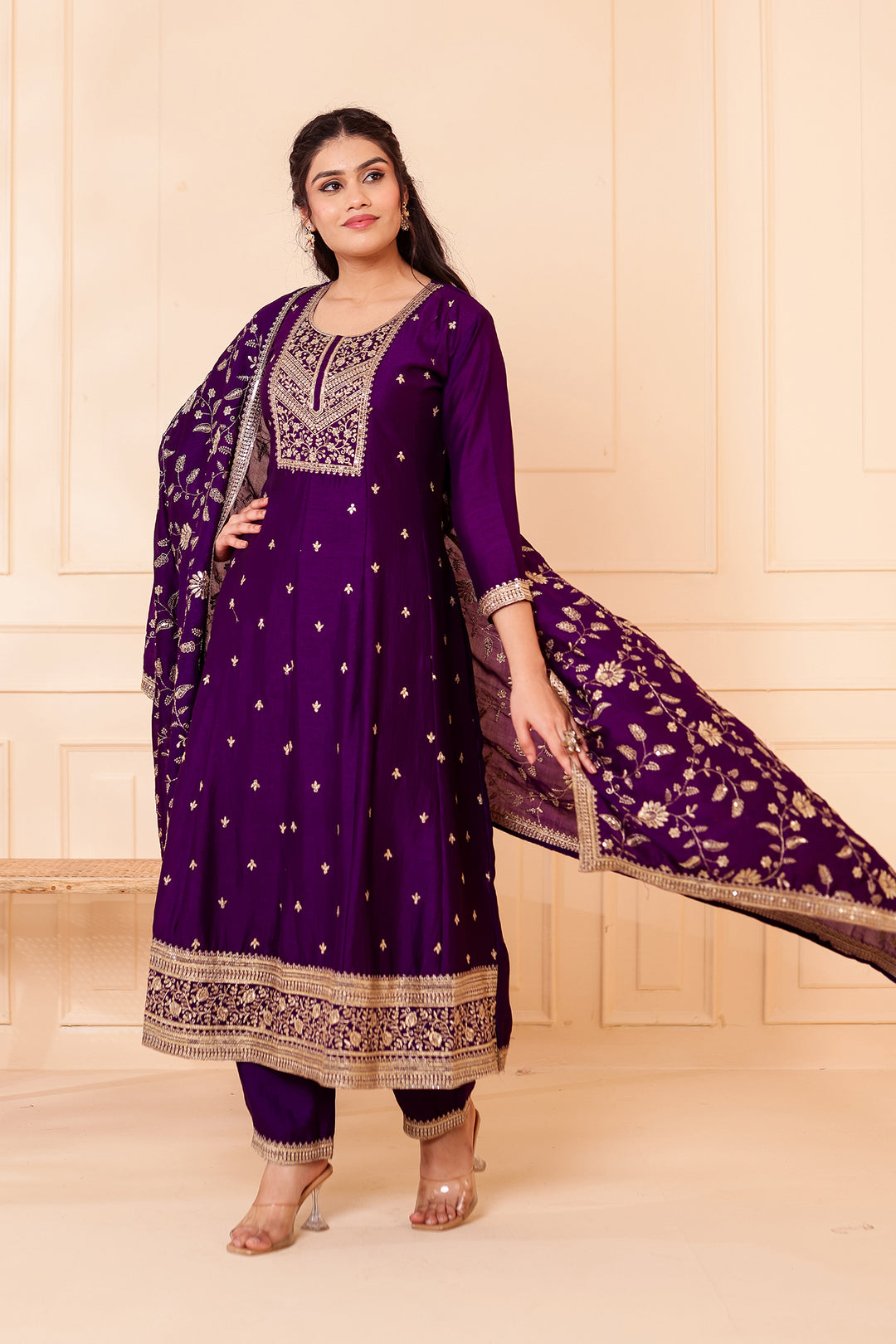 Purple Vichitra Silk Anarkali Suit.