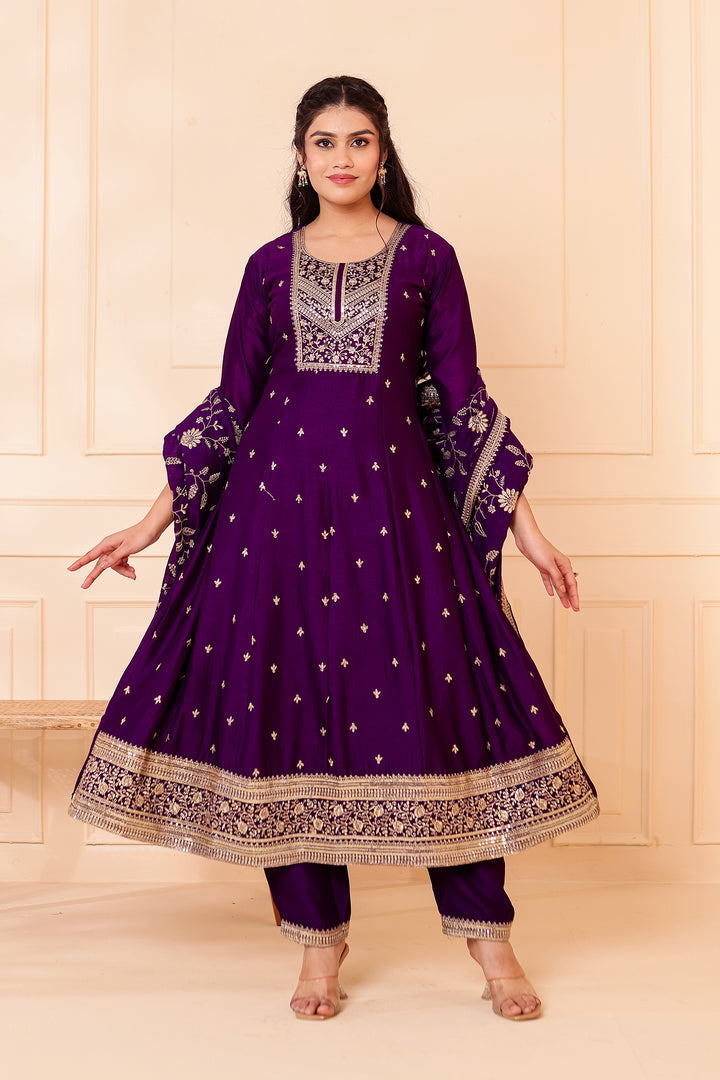 Purple Vichitra Silk Anarkali Suit.