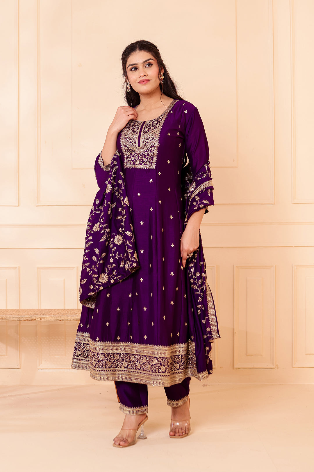 Purple Vichitra Silk Anarkali Suit.