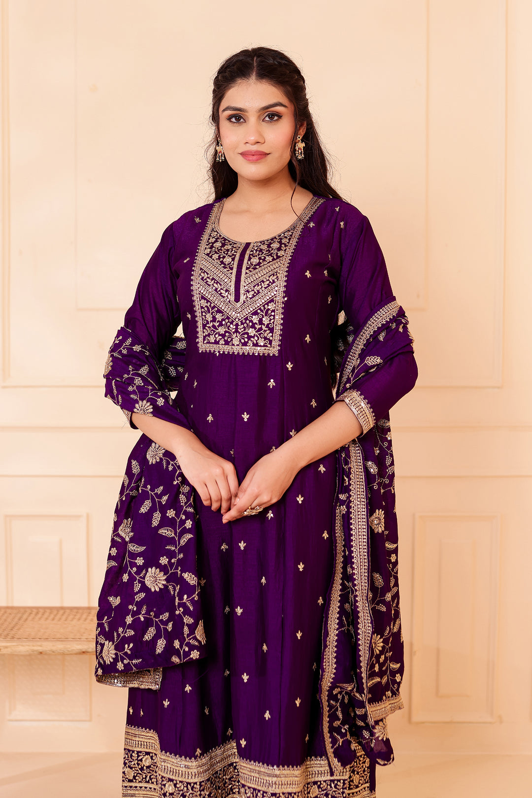 Purple Vichitra Silk Anarkali Suit.