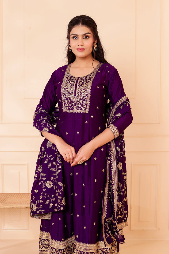 Purple Vichitra Silk Anarkali Suit.