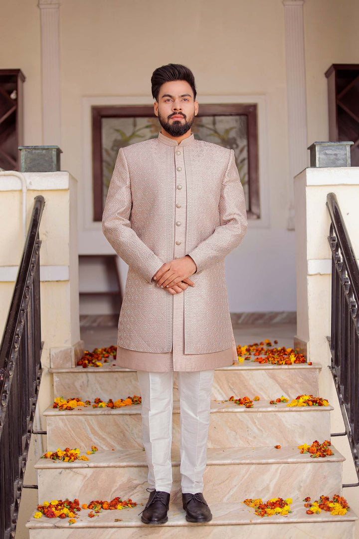 Mauve Raw Silk Embroidered Jacket Style Indo-wester Suit.
