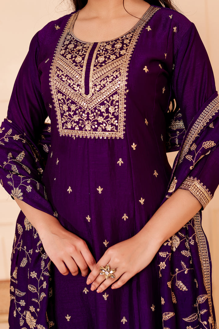Purple Vichitra Silk Anarkali Suit.