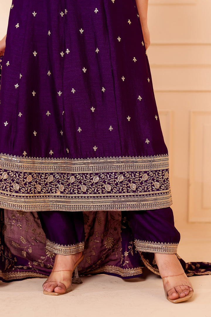 Purple Vichitra Silk Anarkali Suit.