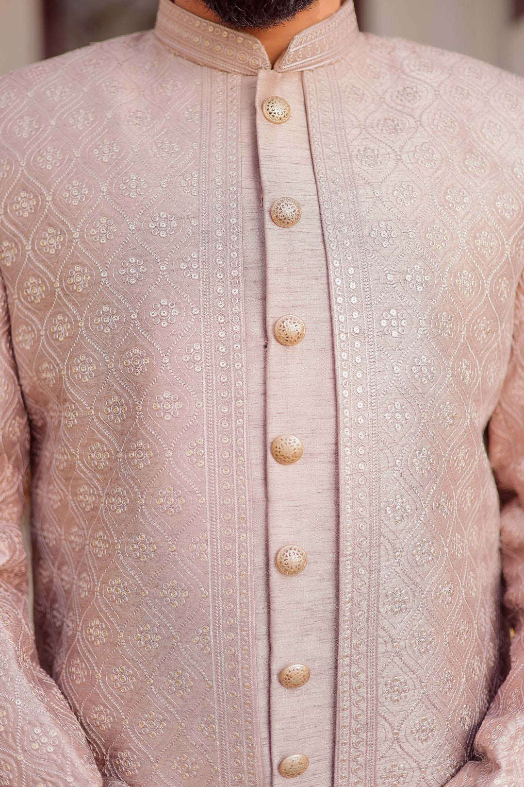 Mauve Raw Silk Embroidered Jacket Style Indo-wester Suit.