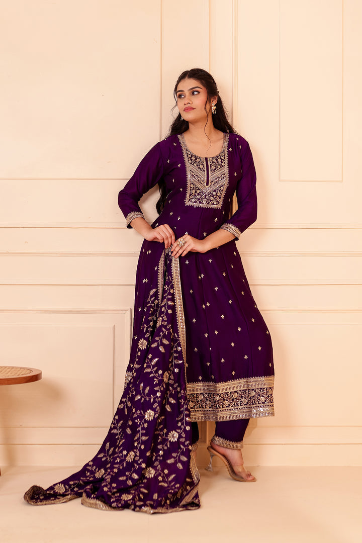 Purple Vichitra Silk Anarkali Suit.