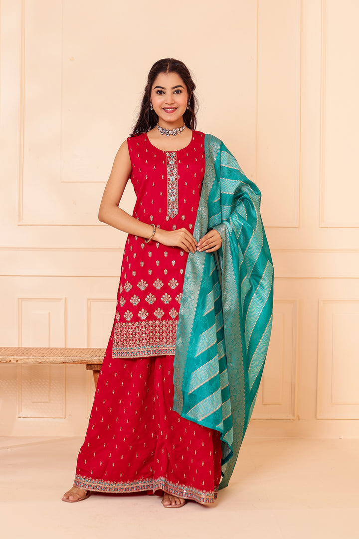 Fuscia Pink Vichitra Silk Sharara Suit.