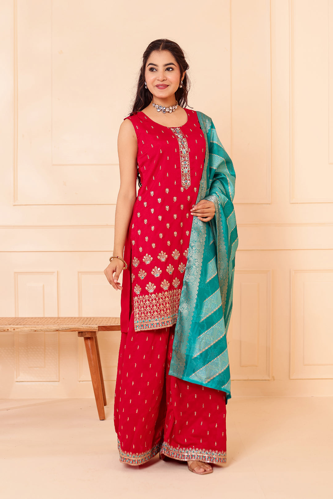 Fuscia Pink Vichitra Silk Sharara Suit.