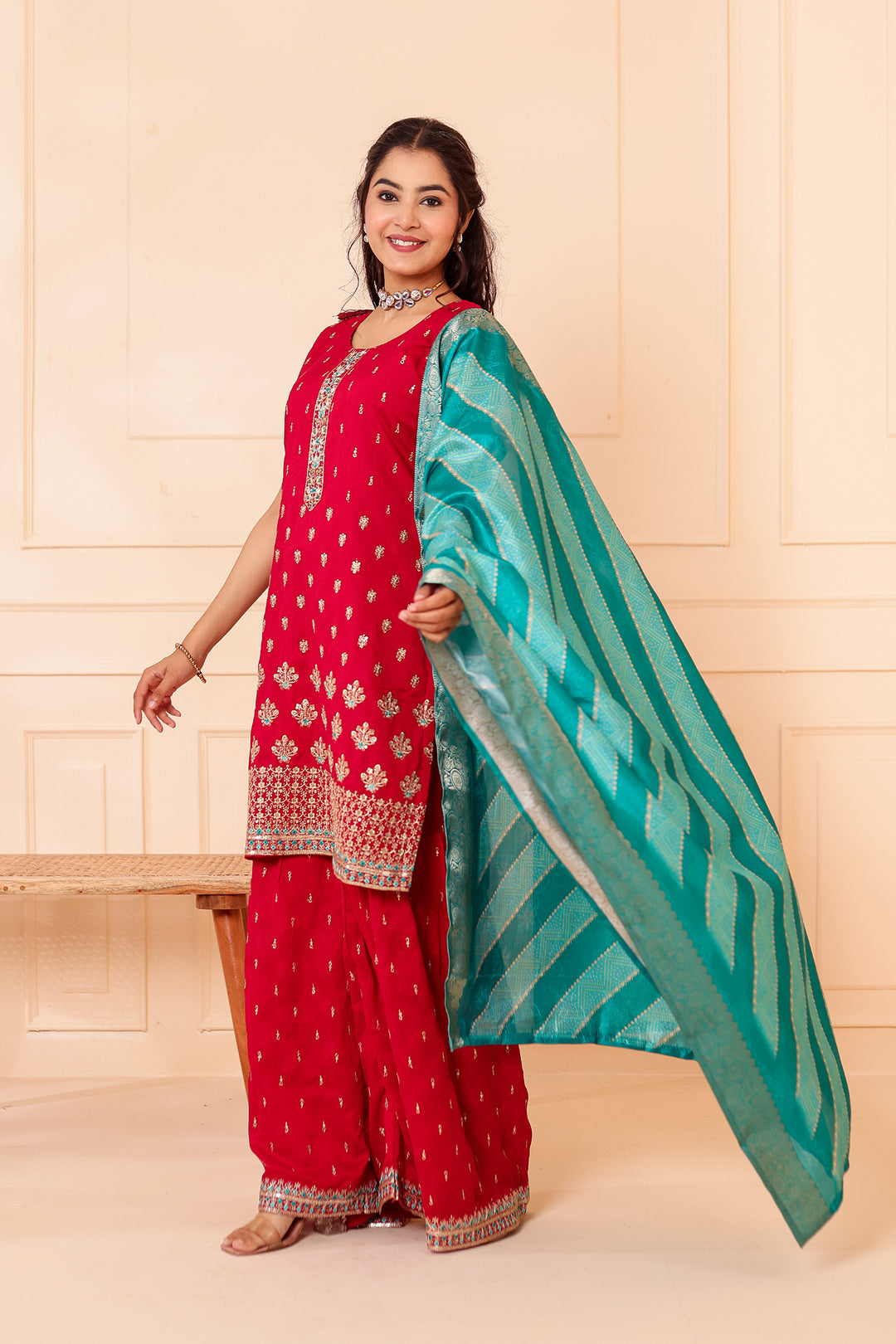 Fuscia Pink Vichitra Silk Sharara Suit.