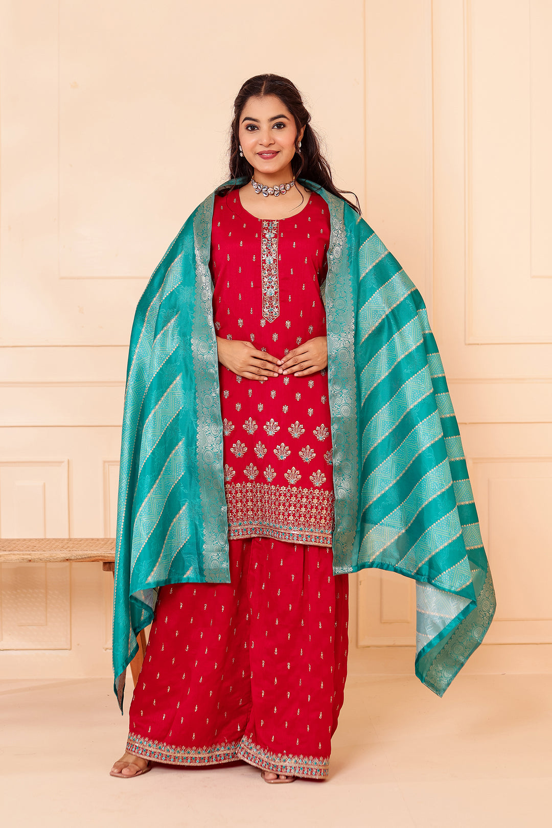 Fuscia Pink Vichitra Silk Sharara Suit.