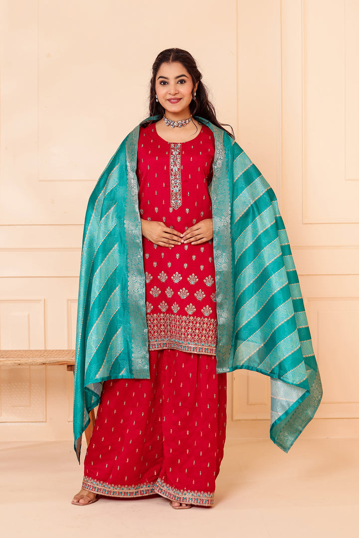 Fuscia Pink Vichitra Silk Sharara Suit.